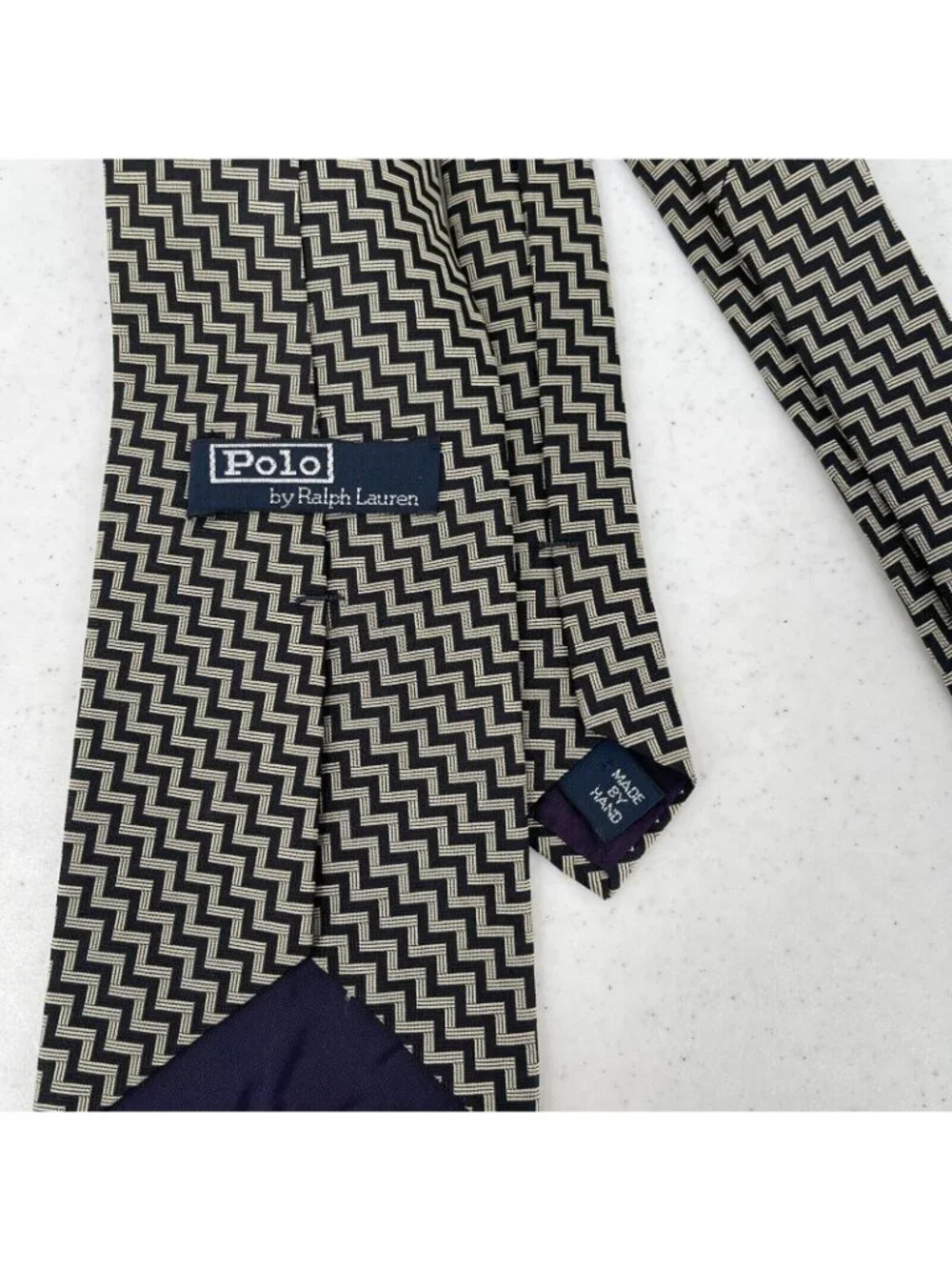 Vtg Men Ralph Lauren Polo black beige Geometric Print Neck tie Silk USA
